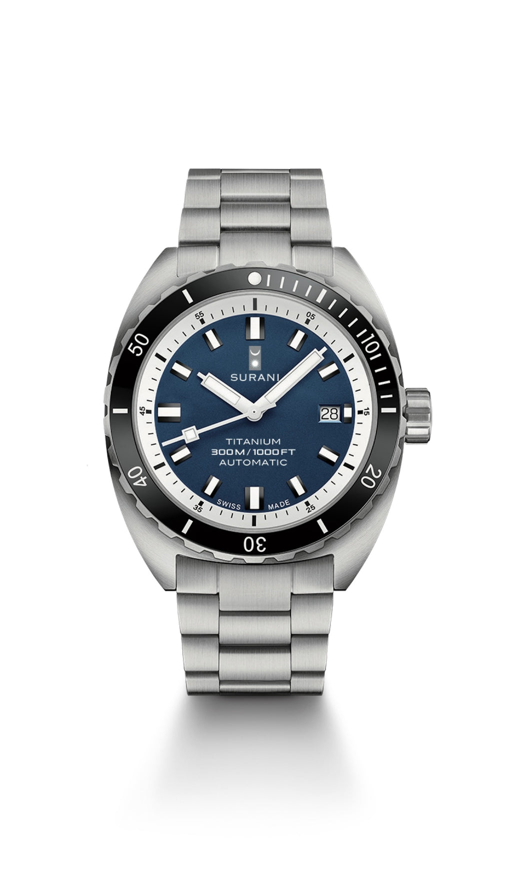 Watch with blue dial and silver bracelet on a white background