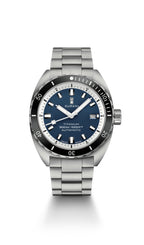 Watch with blue dial and silver bracelet on a white background