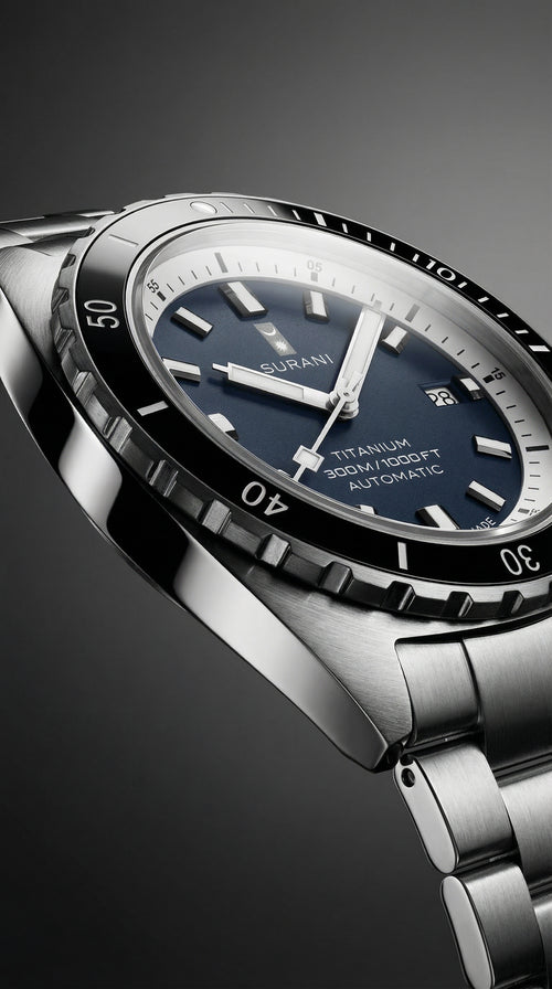 Silver watch with blue dial on a dark background