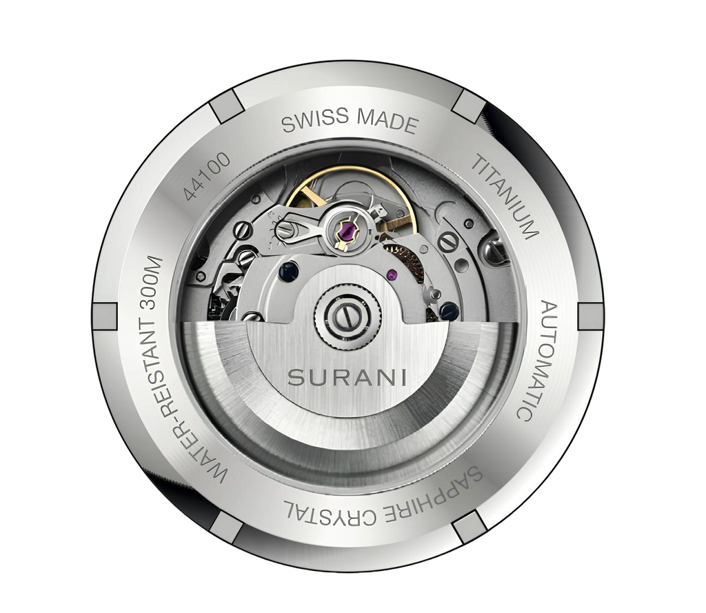 Watch mechanism with 'Surani' branding on a white background