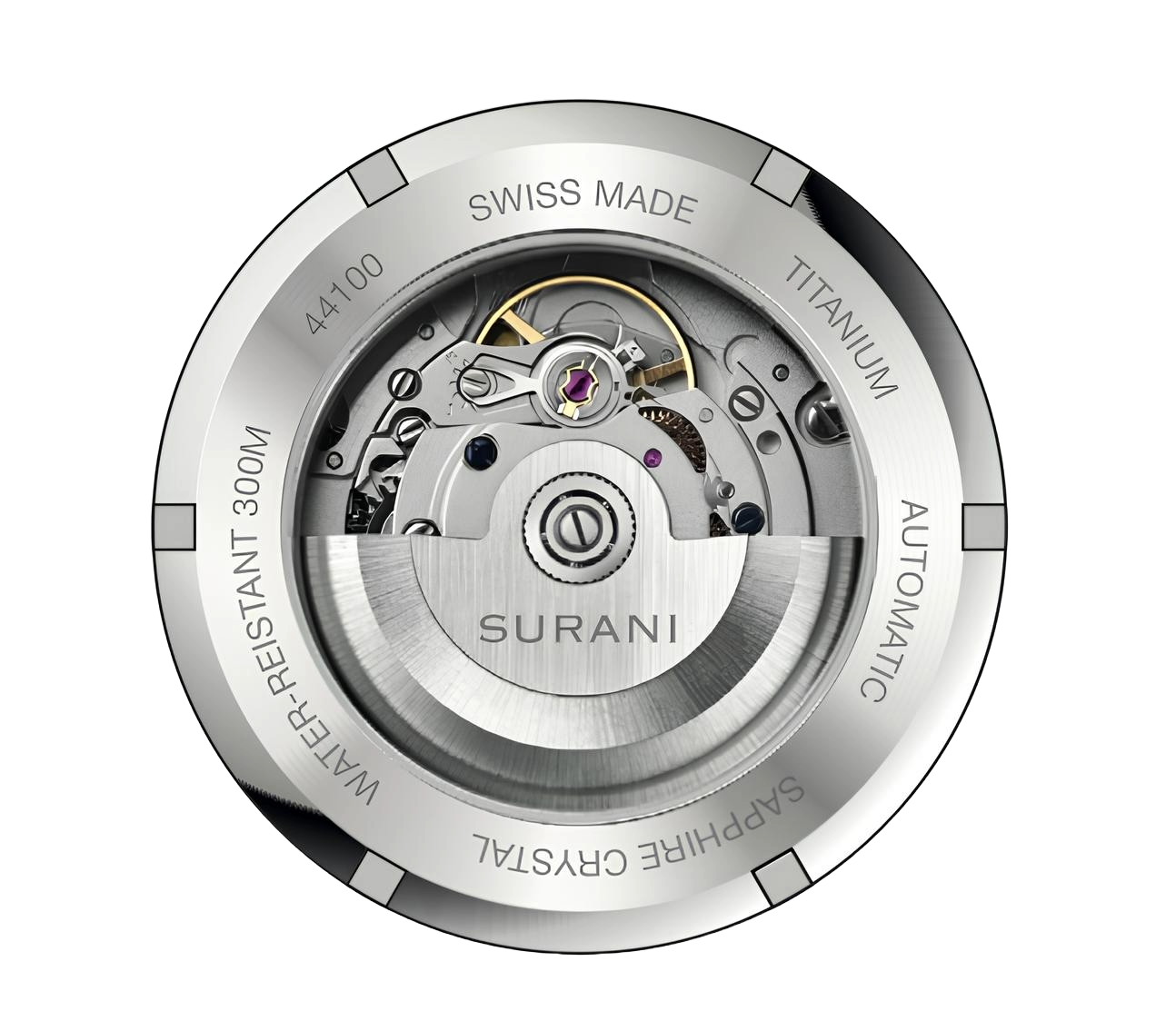 Watch mechanism with 'Surani' branding on a white background